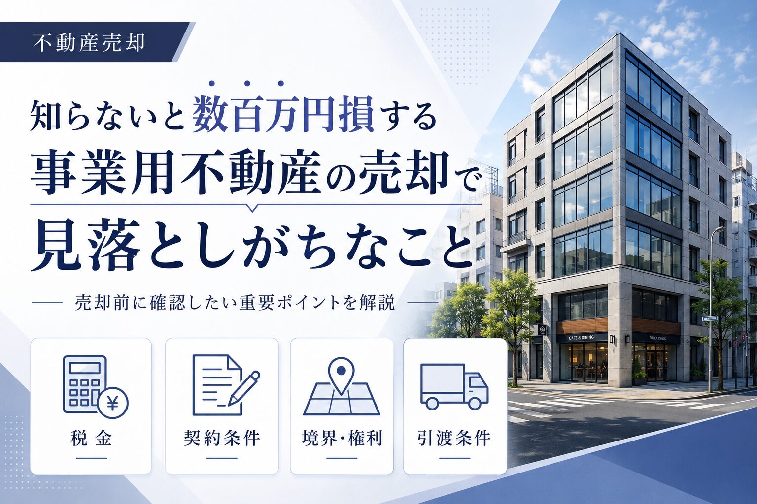 事業用不動産の売却で見落としがちなポイントを虫眼鏡で確認するイメージ