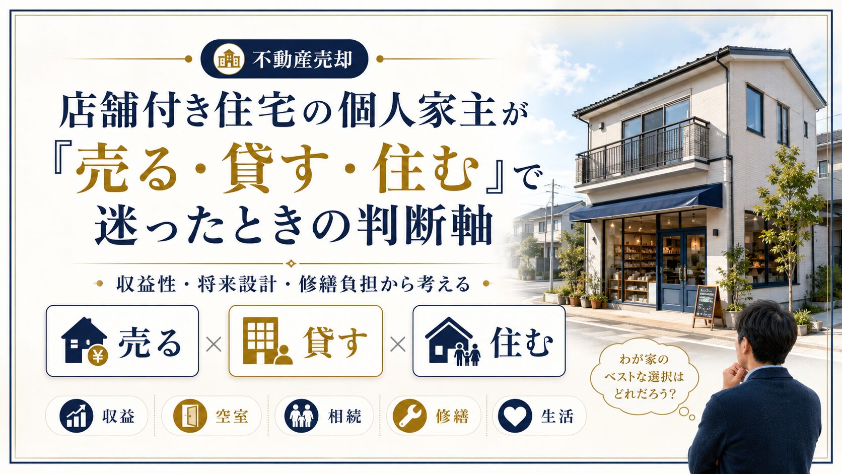 店舗付き住宅の個人家主が売る貸す住むの判断軸を比較検討するイメージ