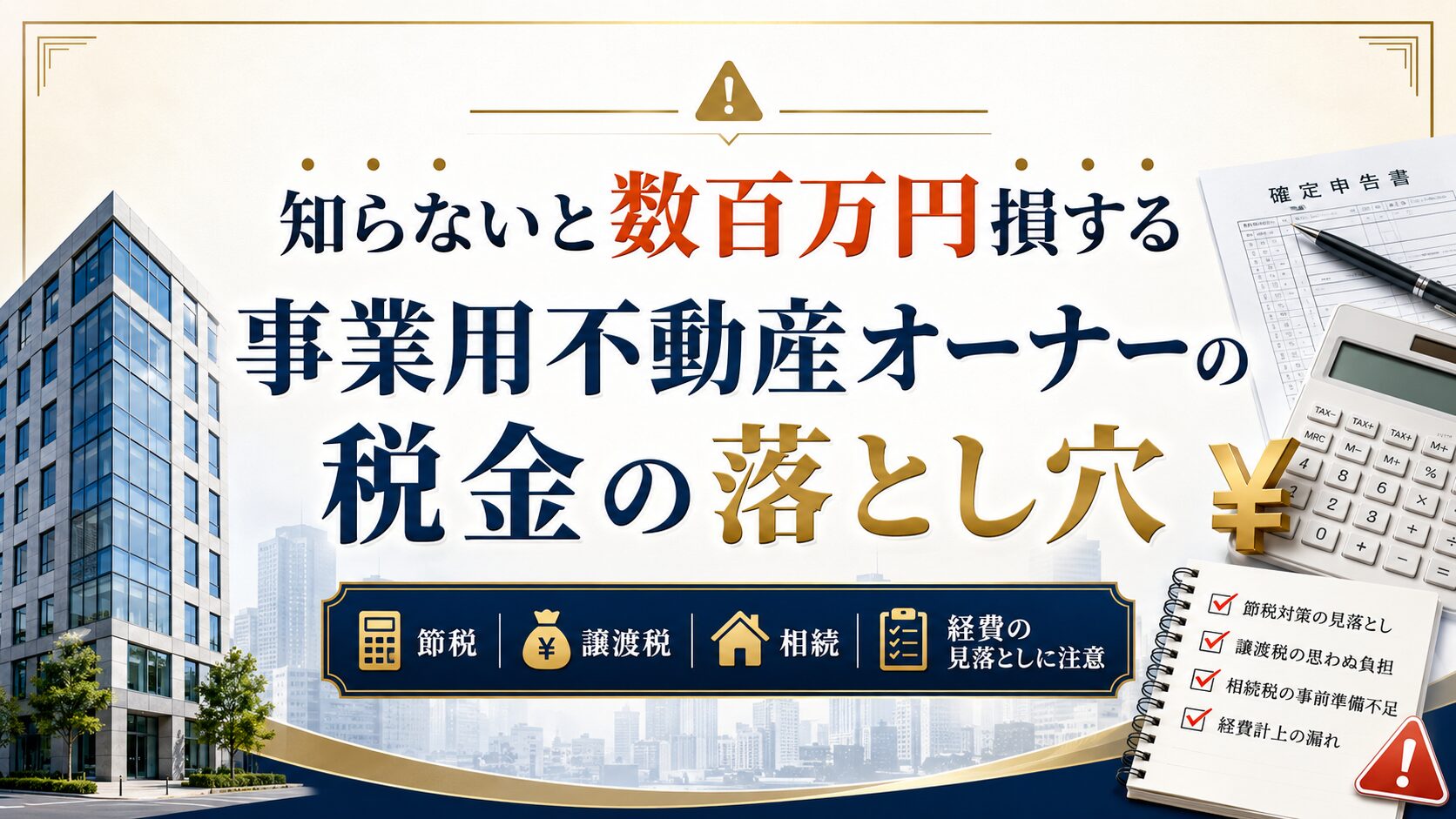 事業用不動産の税金の落とし穴を場面別に注意喚起するイラスト