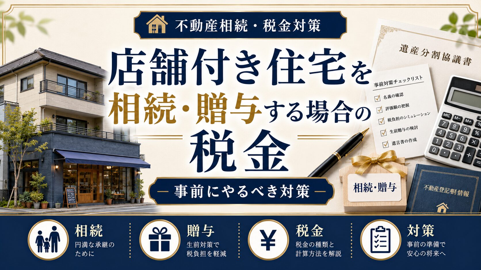 店舗付き住宅を相続・贈与する際の税金と事前対策を整理したイラスト