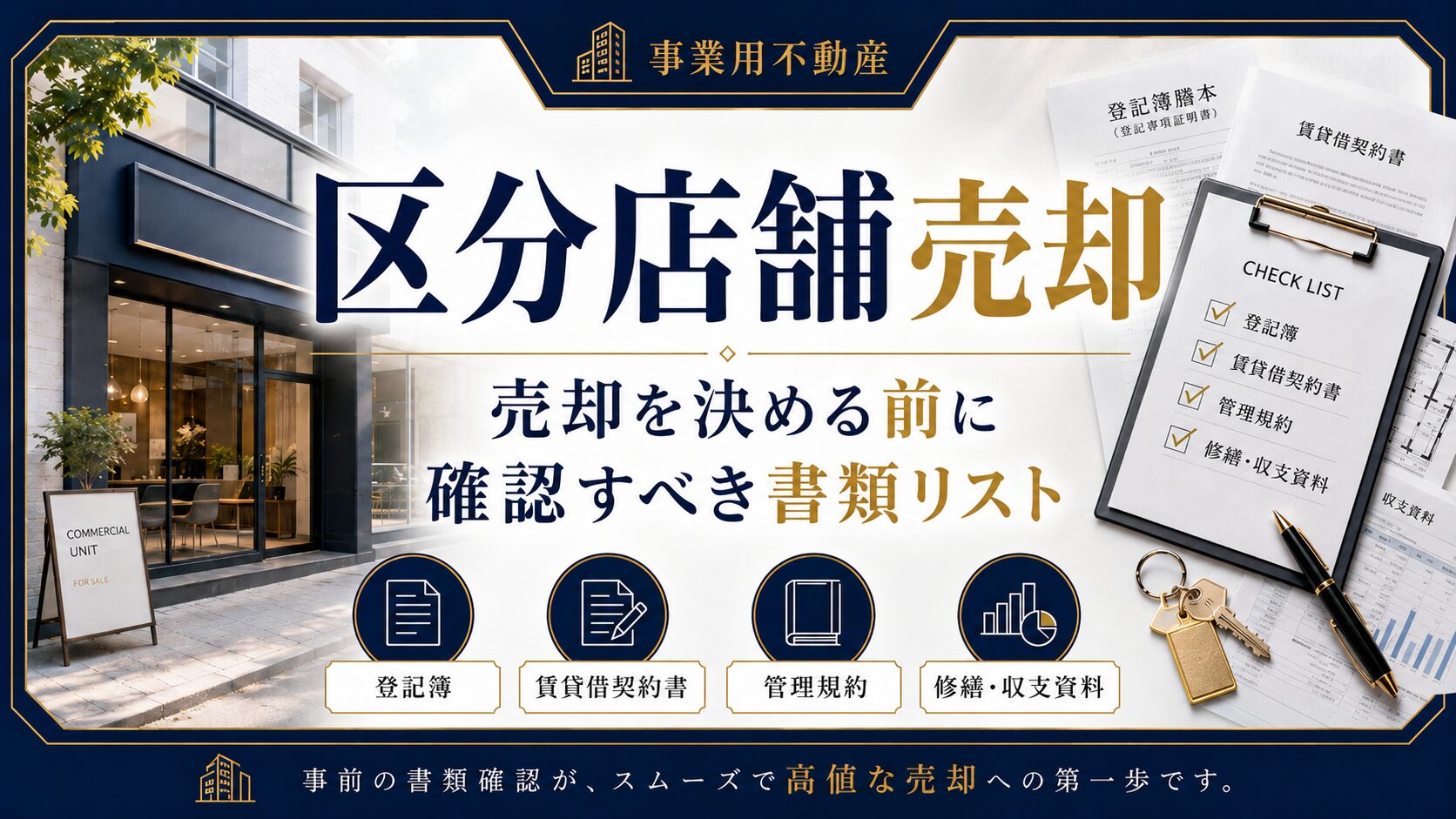 区分店舗の売却前に確認すべき書類リストを整理したイラスト