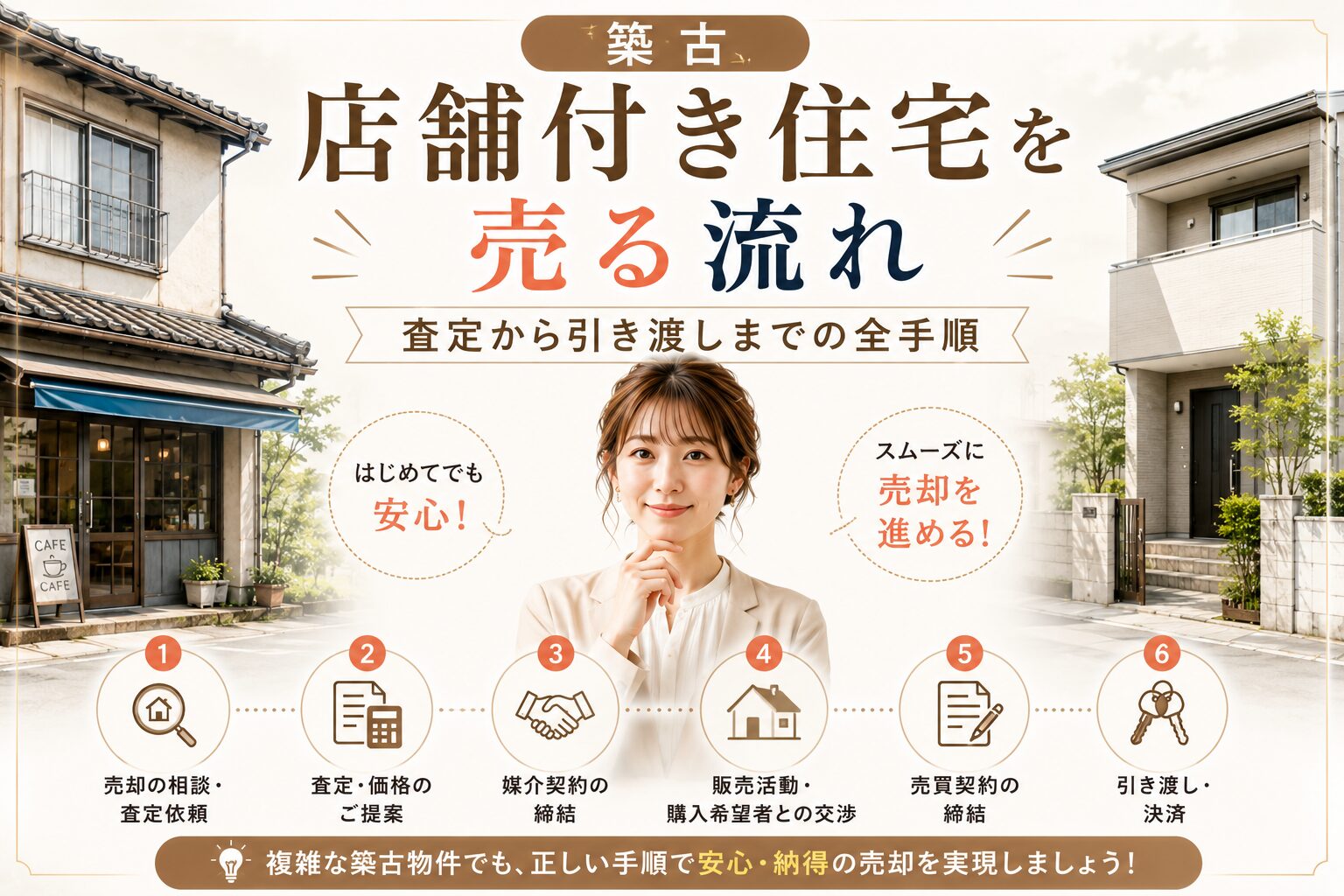 築古店舗付き住宅を売る流れを示すイラスト（査定から引き渡しまでの全手順）