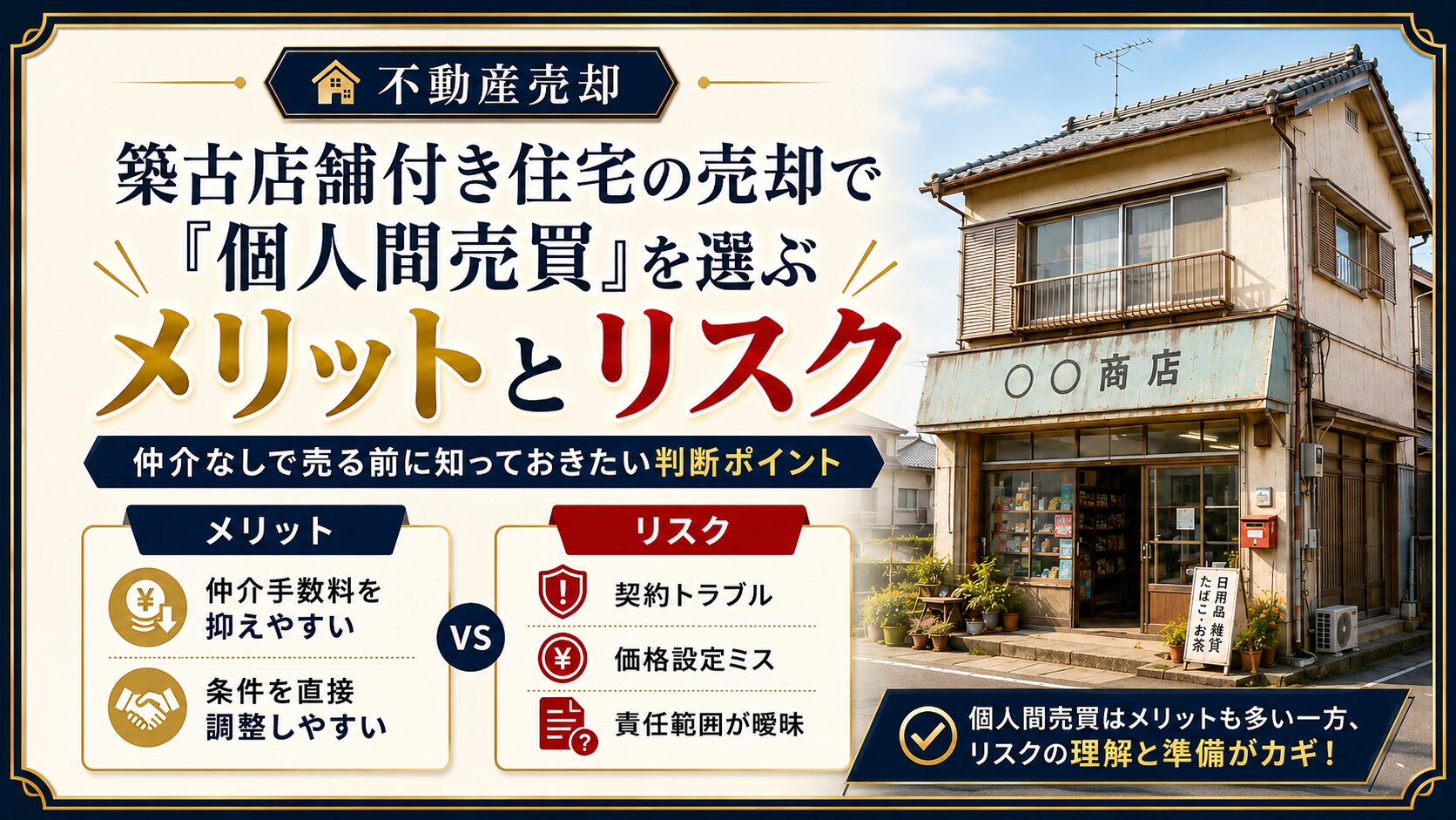 築古店舗付き住宅の売却で「個人間売買」を選ぶメリットとリスク