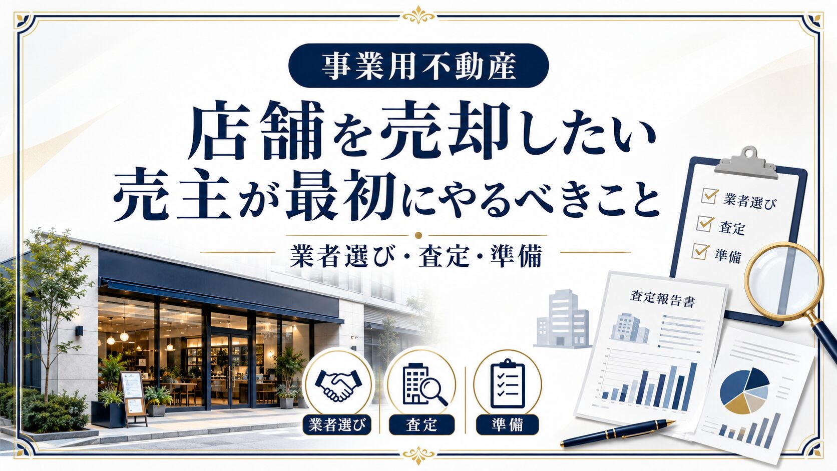店舗を売却したい売主が最初にやるべきことを準備・査定・業者選びの順に整理した解説イメージ