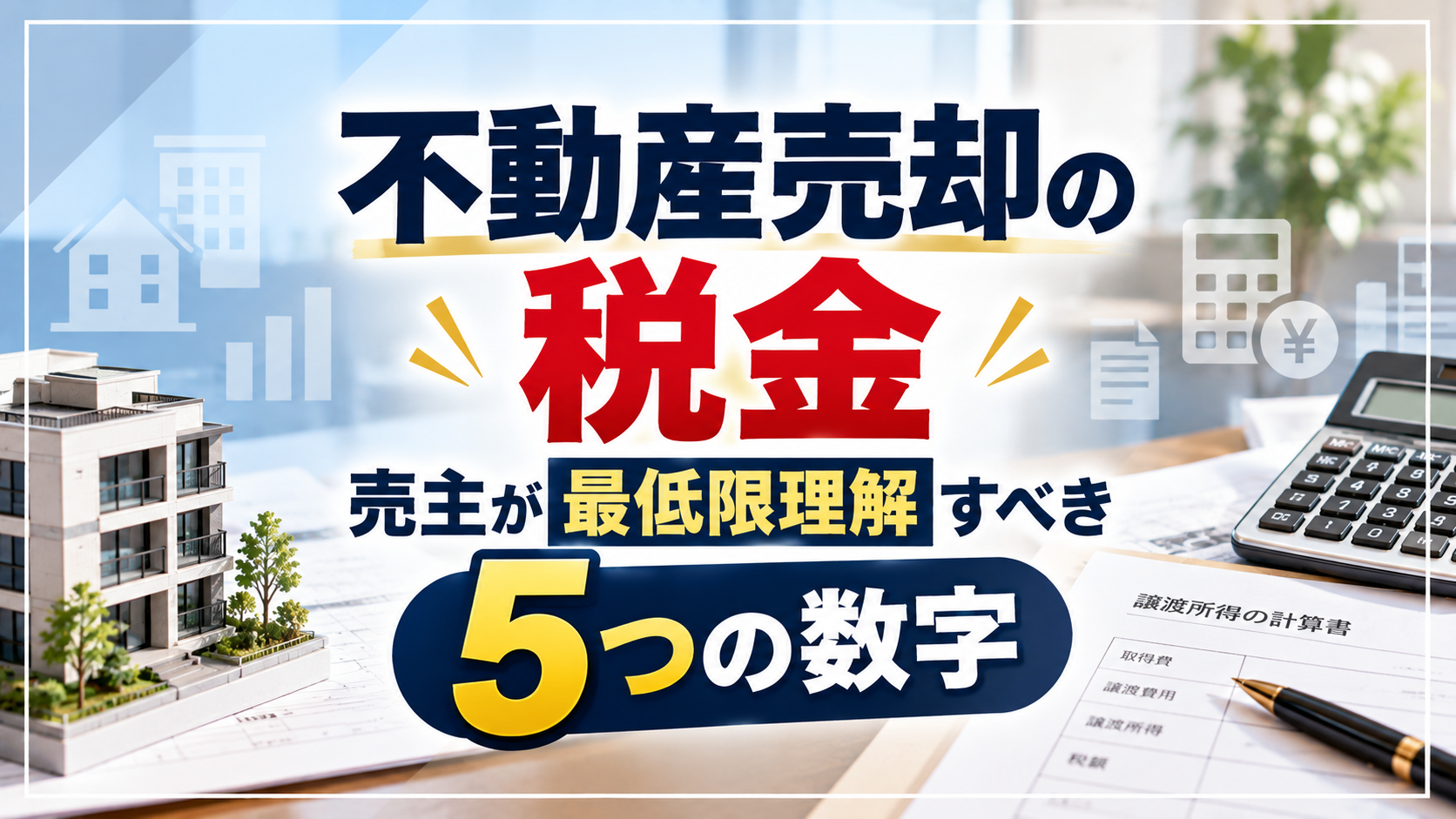 不動産売却の税金で売主が押さえるべき5つの数字を並べたイメージ図